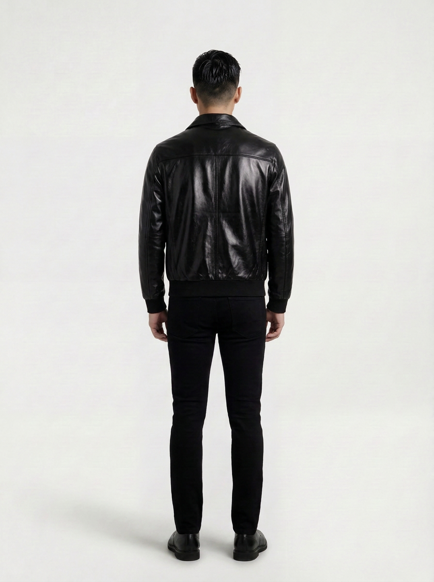 Black Leather Collared Bomber | Maverick Torin