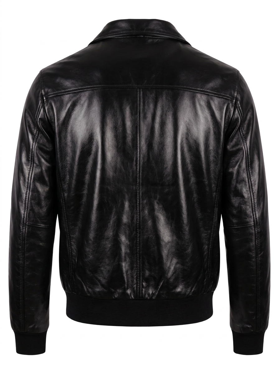 A black leather A-2 Flight jacket with a stand-up collar, front zipper, and zippered chest pockets, shown on a plain white background.