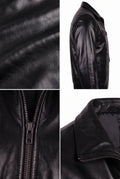 Black leather jacket shown in a four-panel collage: close-up of the leather texture, side profile view, zipper detail, and collar detail on a white background.