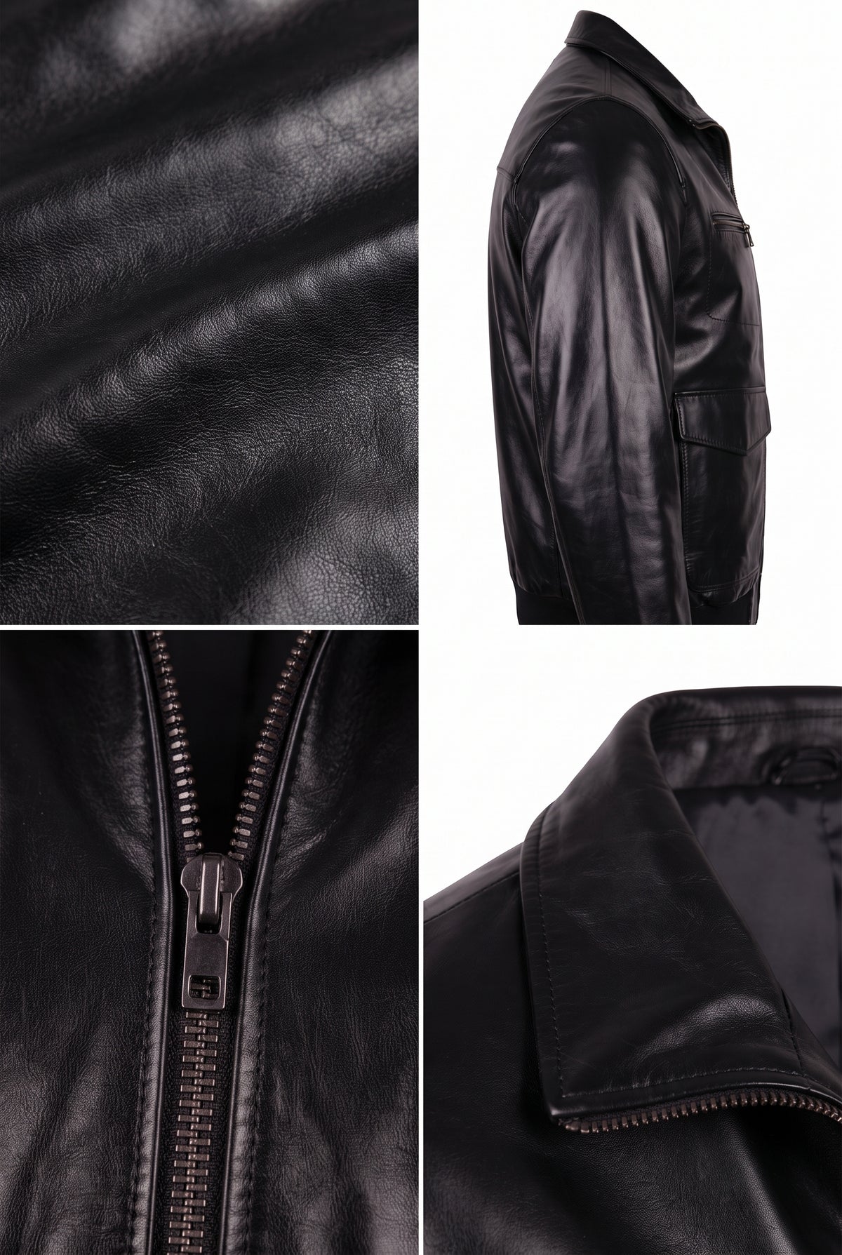 Black leather jacket shown in a four-panel collage: close-up of the leather texture, side profile view, zipper detail, and collar detail on a white background.