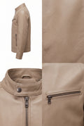 A beige leather biker jacket shown in a multi-view collage, including a side profile, a close-up of the textured leather-like material, the collar with a snap button, and a zippered pocket detail.