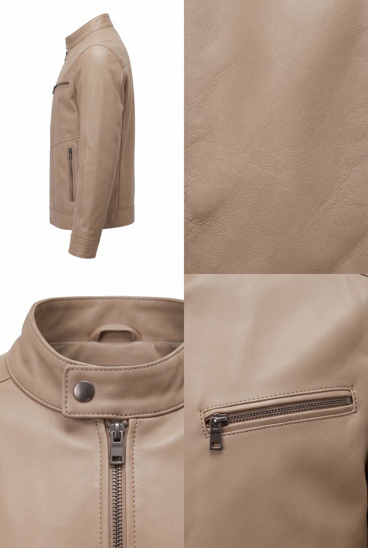 A beige leather biker jacket shown in a multi-view collage, including a side profile, a close-up of the textured leather-like material, the collar with a snap button, and a zippered pocket detail.