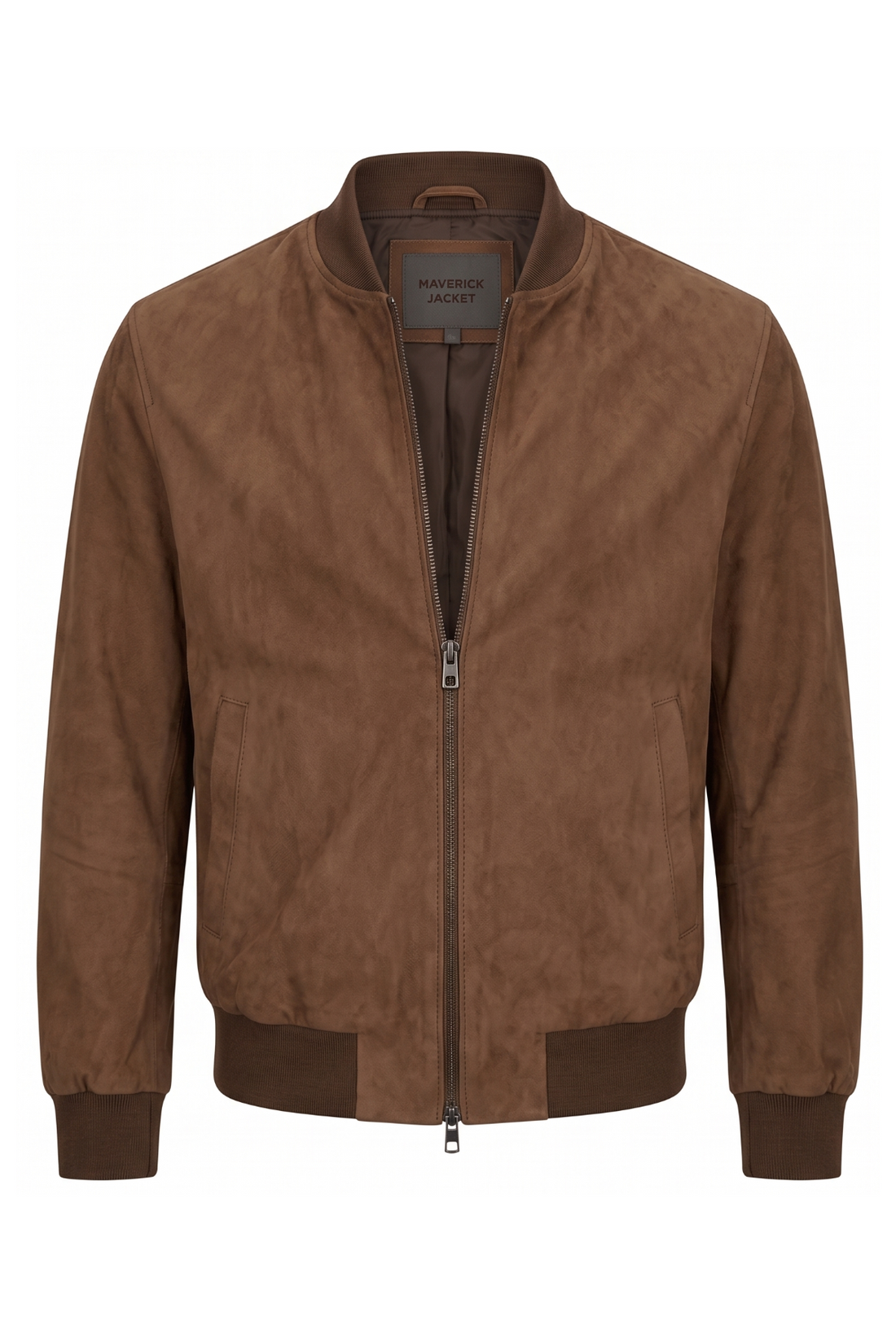 A brown suede-textured zip-up bomber jacket with ribbed collar, cuffs, and hem, shown on a plain white background.
