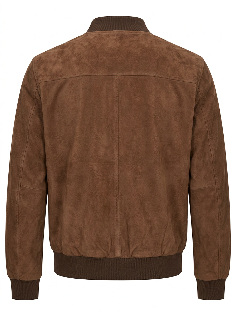 A brown suede-textured zip-up bomber jacket with ribbed collar, cuffs, and hem, shown on a plain white background.
