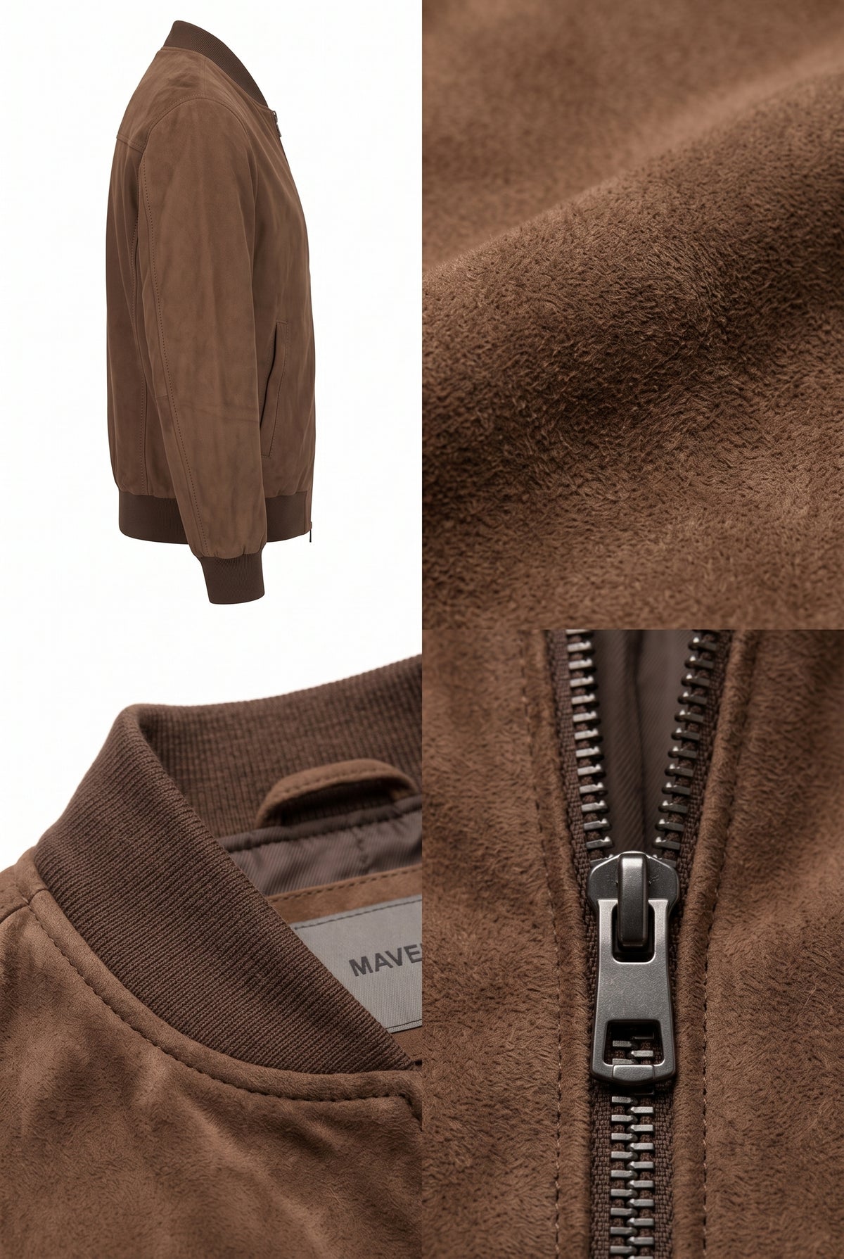 A brown suede jacket shown in a multi-view collage: side profile on a white background, close-up of the ribbed collar, and a close-up of the front zipper. A small interior label reads MAVE.