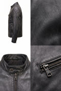 Black leather jacket shown in a multi-view collage: side profile, close-up of quilted shoulder panel, collar/zipper interior, and a close-up of the front zipper pull with leather texture.