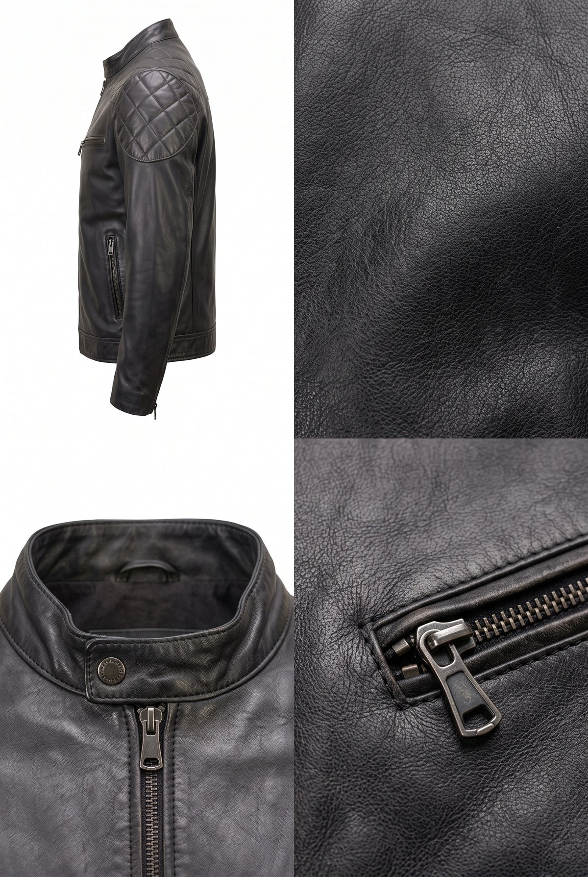 Black leather jacket shown in a multi-view collage: side profile, close-up of quilted shoulder panel, collar/zipper interior, and a close-up of the front zipper pull with leather texture.