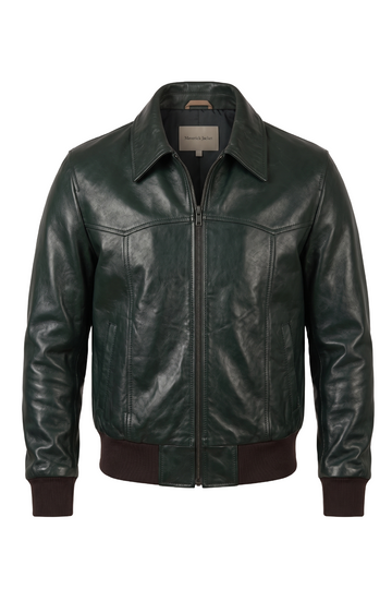 Forest Green Leather Bomber Jacket | Maverick Theron