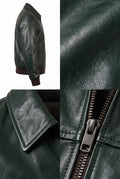 A dark green leather jacket shown in a four-panel collage: side profile on a white background, close-up of the leather texture, collar detail, and zipper hardware.