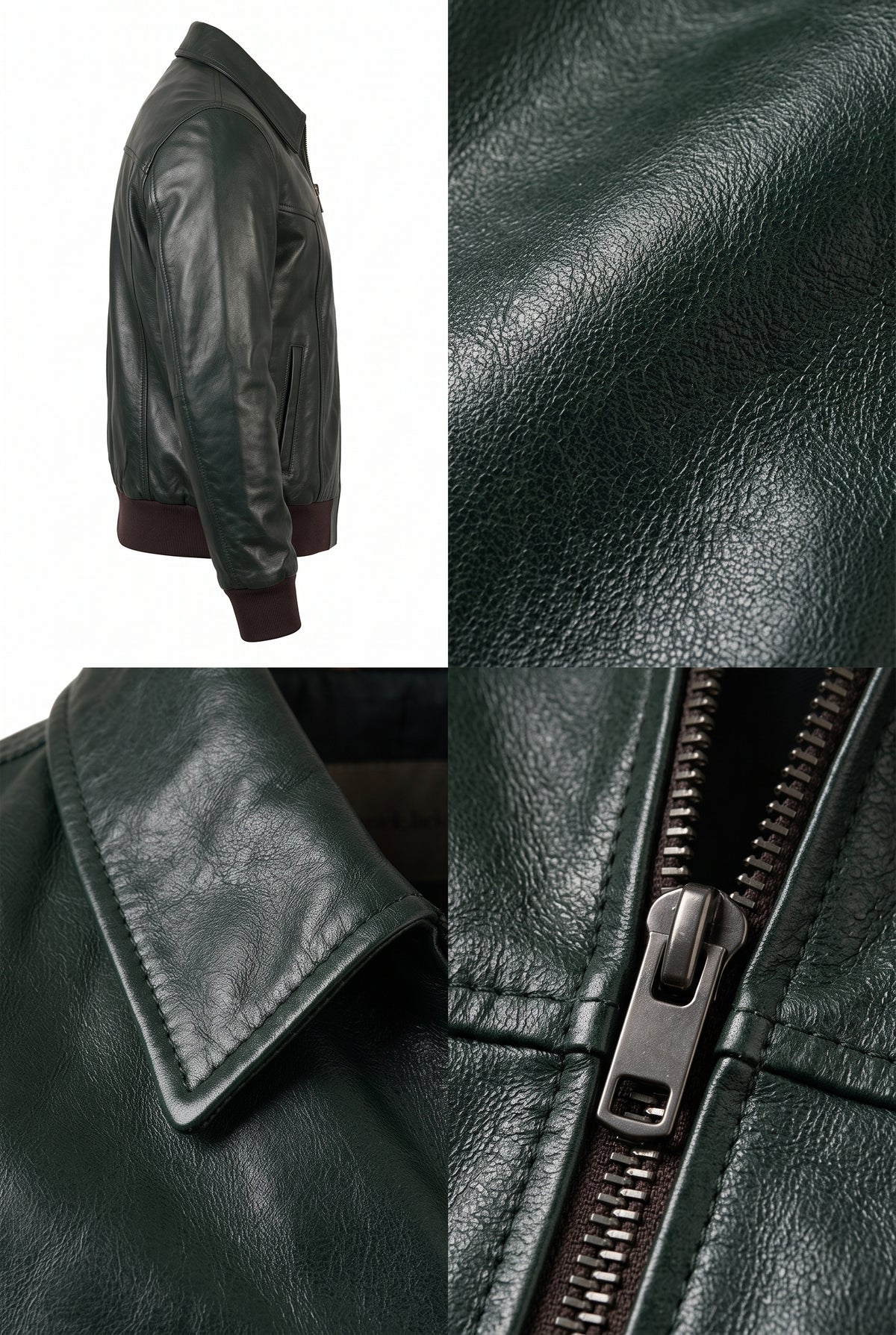 A dark green leather jacket shown in a four-panel collage: side profile on a white background, close-up of the leather texture, collar detail, and zipper hardware.