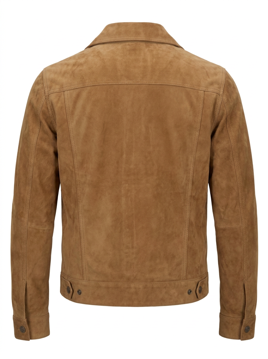 A tan suede jacket with a button-up front, two buttoned chest pockets, and a pointed collar, shown on a plain white background.