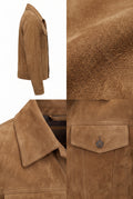 A four-panel product collage showing a tan suede jacket: side view on a white background, a close-up of the suede texture, the collar and inner neck, and a close-up of a flap pocket with a metal button.