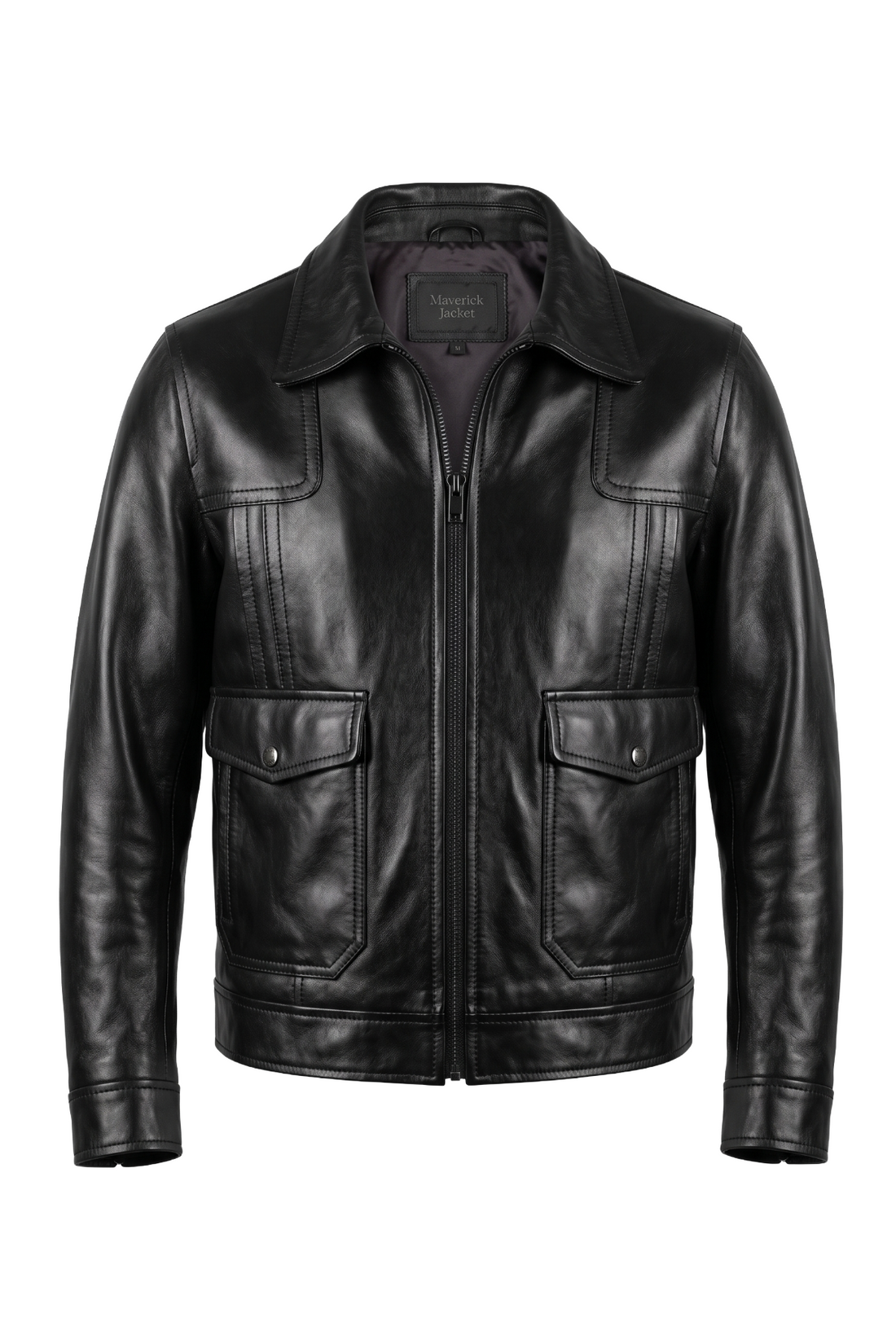 A black leather jacket with a zippered front, pointed collar, and two front flap pockets, shown on a plain white background.