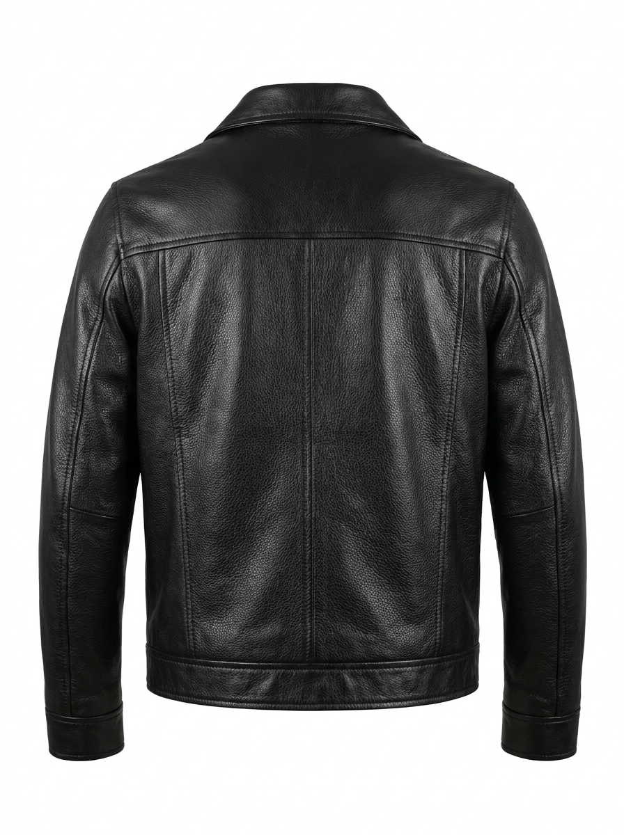 A black leather jacket with a zippered front, pointed collar, and two front flap pockets, shown on a plain white background.