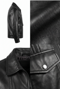 Black leather jacket shown in a multi-view collage: side profile on a white background, close-up of the leather texture, collar and front pocket detail, and a close-up of a silver snap button.