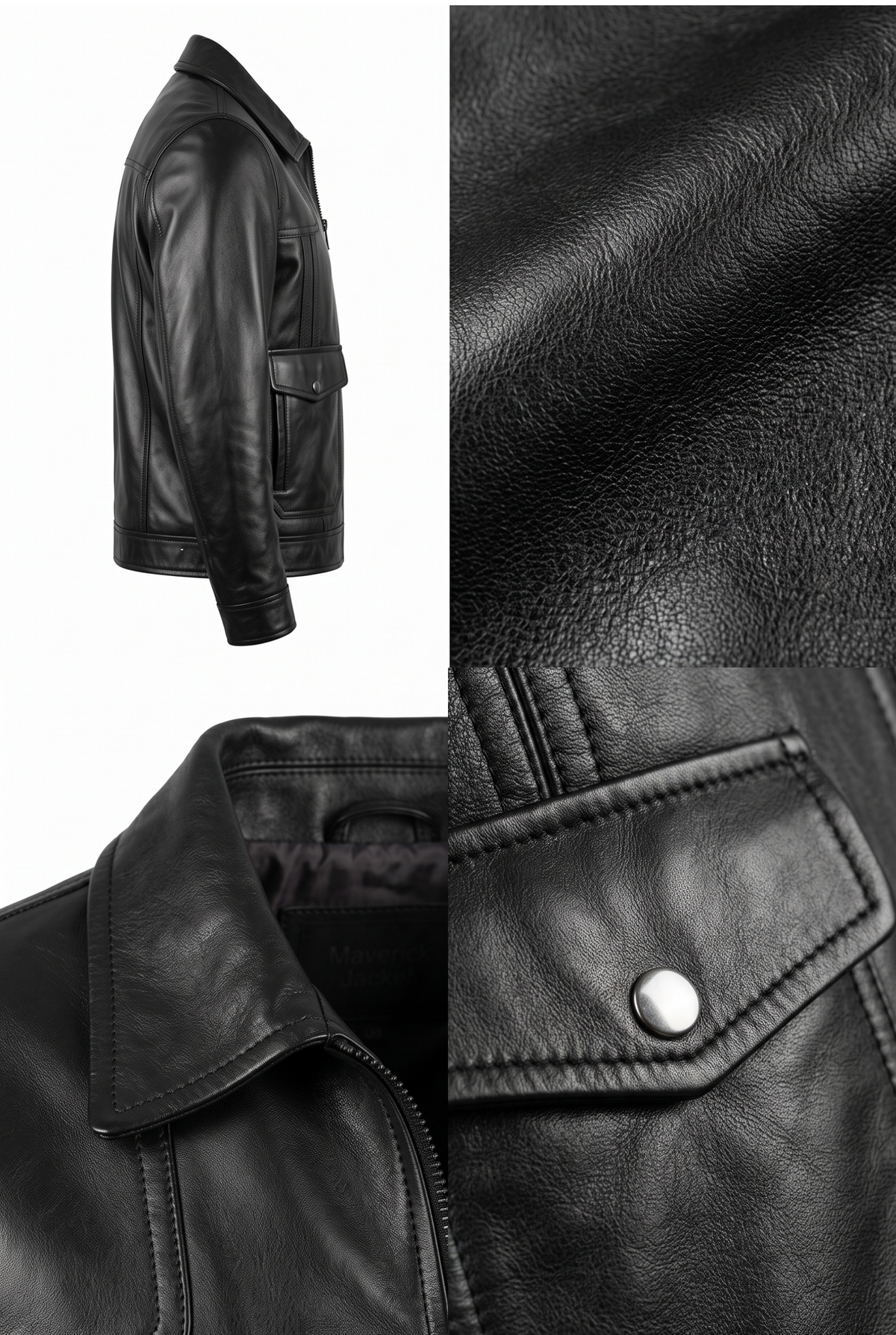 Black leather jacket shown in a multi-view collage: side profile on a white background, close-up of the leather texture, collar and front pocket detail, and a close-up of a silver snap button.