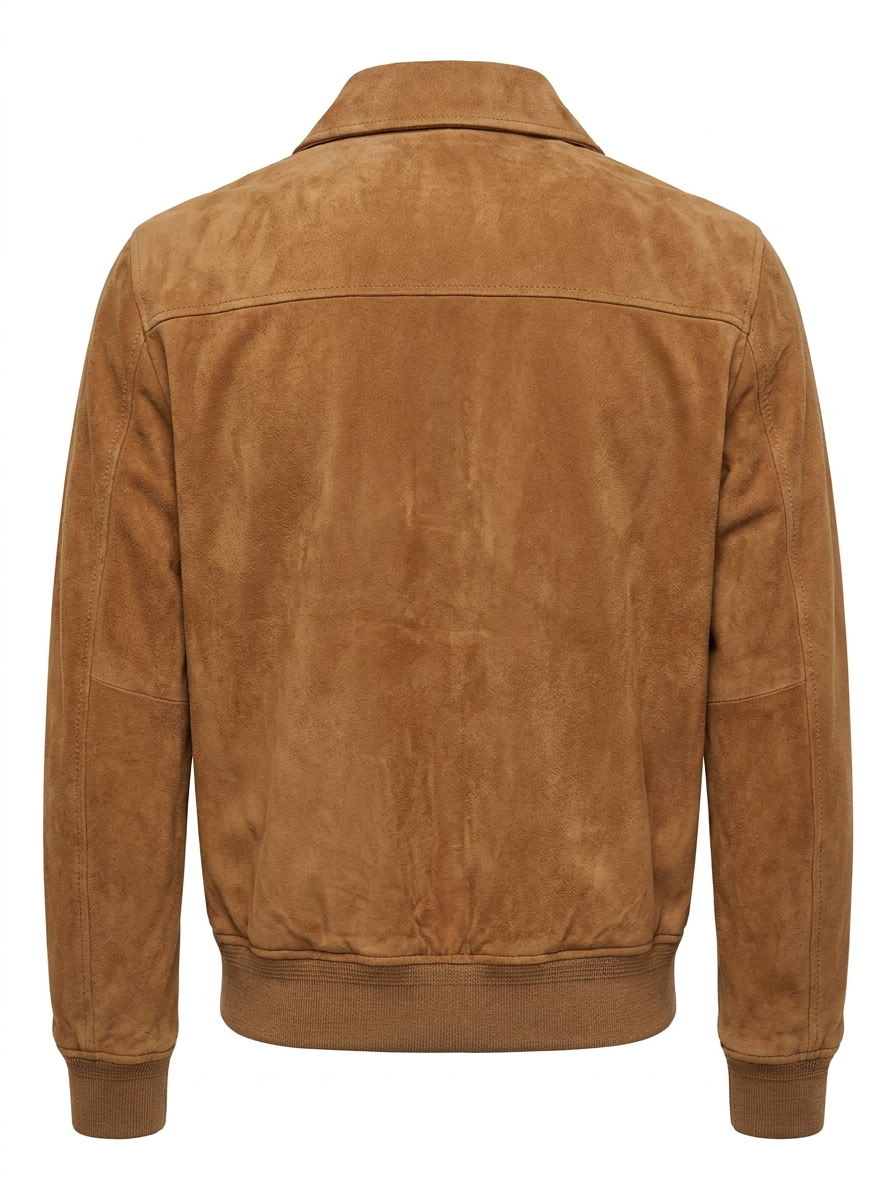 A tan suede jacket with a full-zip front, ribbed collar, cuffs, and hem, displayed on a clean white background.