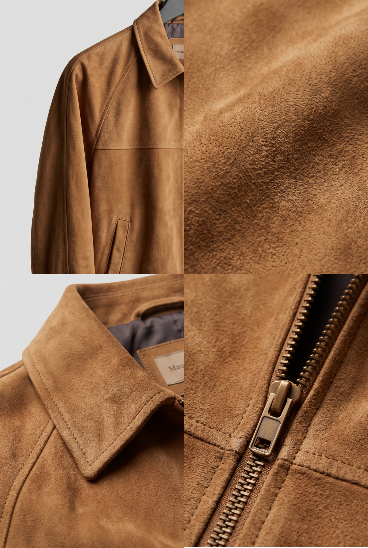 A close-up collage of a tan suede jacket, showing the collar, zipper detail, and a large texture close-up panel. No person or real environment is present, so this is Product/Packaging rather than Lifestyle.