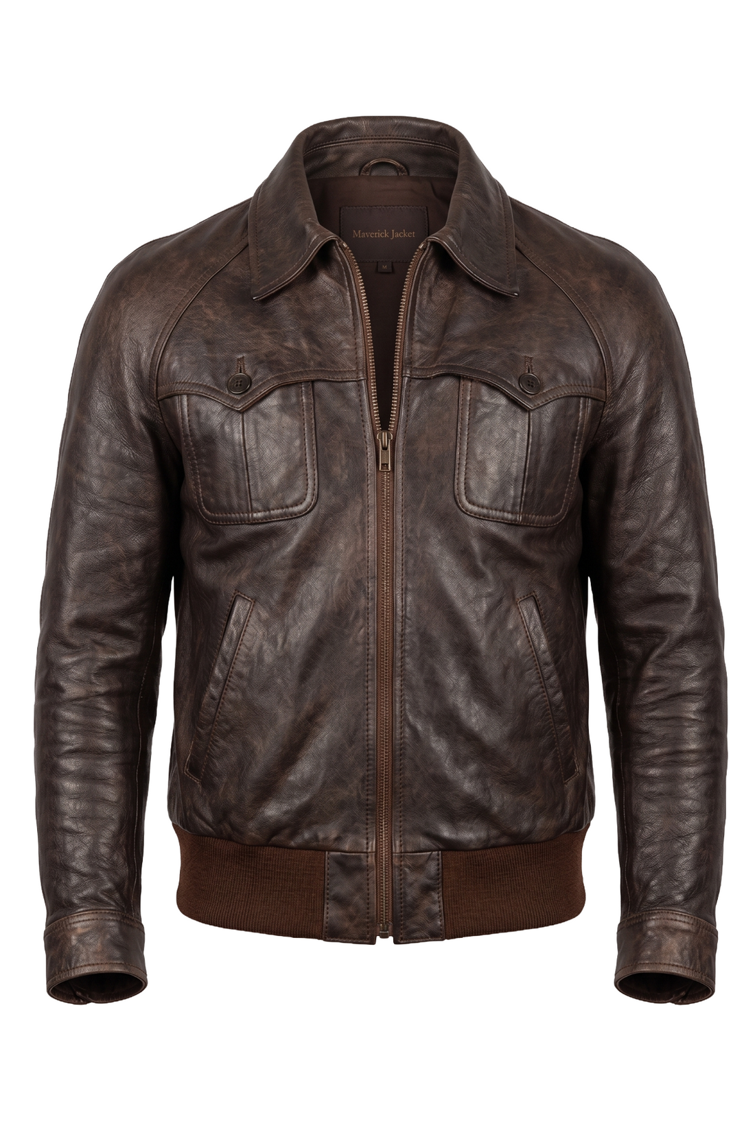 A dark brown distressed leather jacket with a front zipper, buttoned chest pockets, and ribbed knit collar, cuffs, and hem, shown on a plain white background.