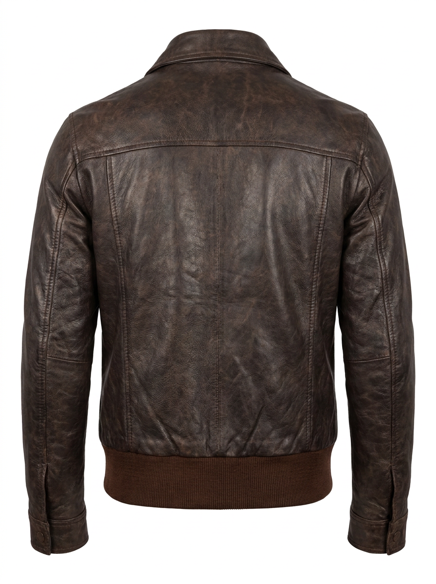 A dark brown distressed leather jacket with a front zipper, buttoned chest pockets, and ribbed knit collar, cuffs, and hem, shown on a plain white background.
