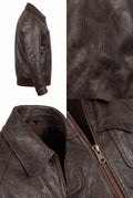 A dark brown distressed leather jacket shown in multiple views: a side profile on a white background, a close-up of the textured leather, and a front view highlighting the collar and zipper.