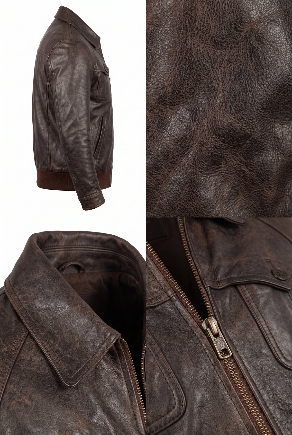 A dark brown distressed leather jacket shown in multiple views: a side profile on a white background, a close-up of the textured leather, and a front view highlighting the collar and zipper.