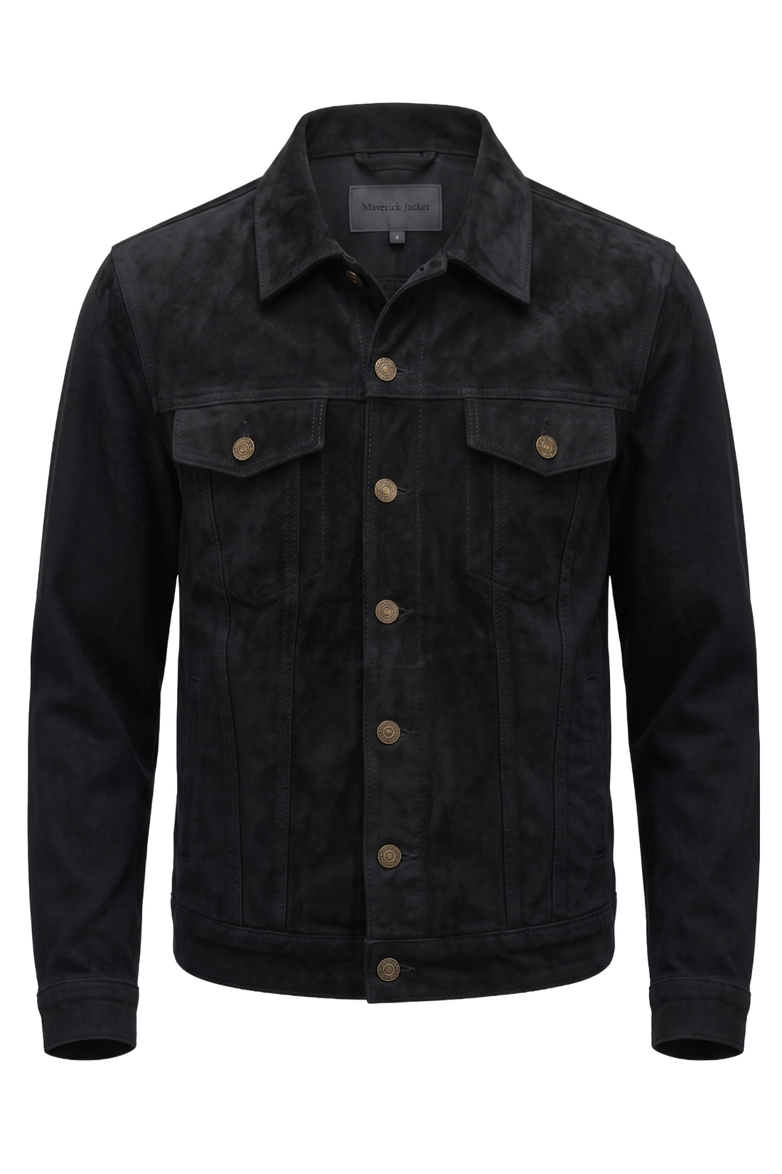 A black suede jacket with brown buttons, displayed on a clean white background.