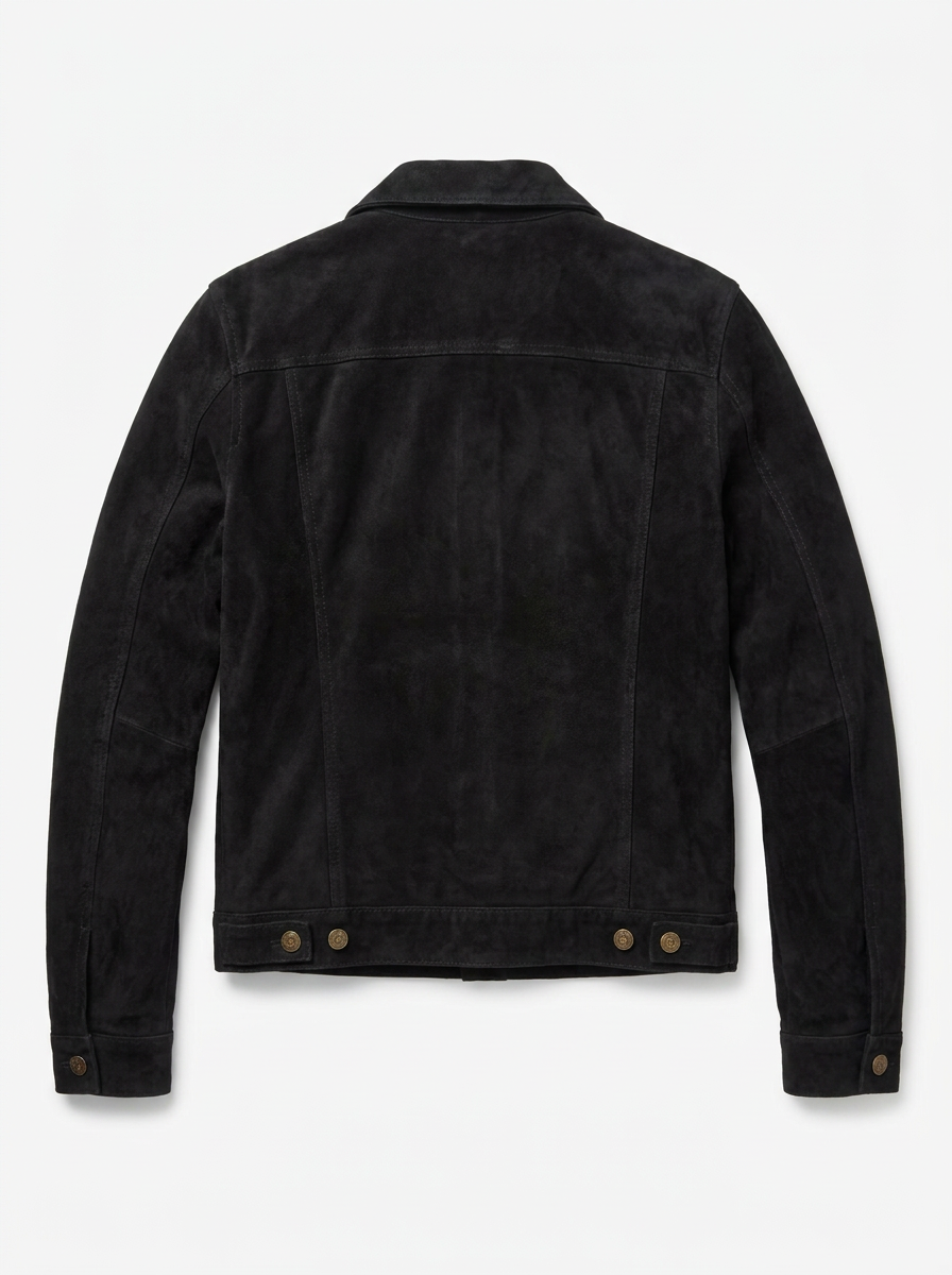 A black suede jacket with brown buttons, displayed on a clean white background.