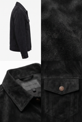 A black suede jacket shown in a three-panel collage: a side view on a light background, a close-up of the plush fleece lining, and a close-up of the collar and buttoned chest pocket. A brand label reading 'Maverick Jackets' is visible inside the collar.