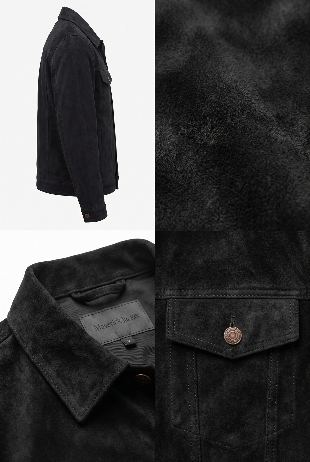 A black suede jacket shown in a three-panel collage: a side view on a light background, a close-up of the plush fleece lining, and a close-up of the collar and buttoned chest pocket. A brand label reading 'Maverick Jackets' is visible inside the collar.