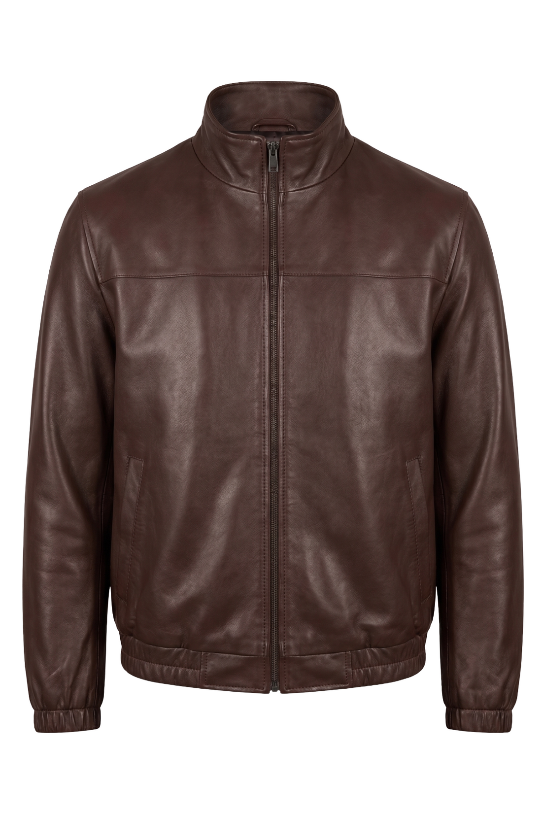 A dark brown leather jacket with a stand-up collar, front zipper, and ribbed cuffs and hem, shown against a plain white background.
