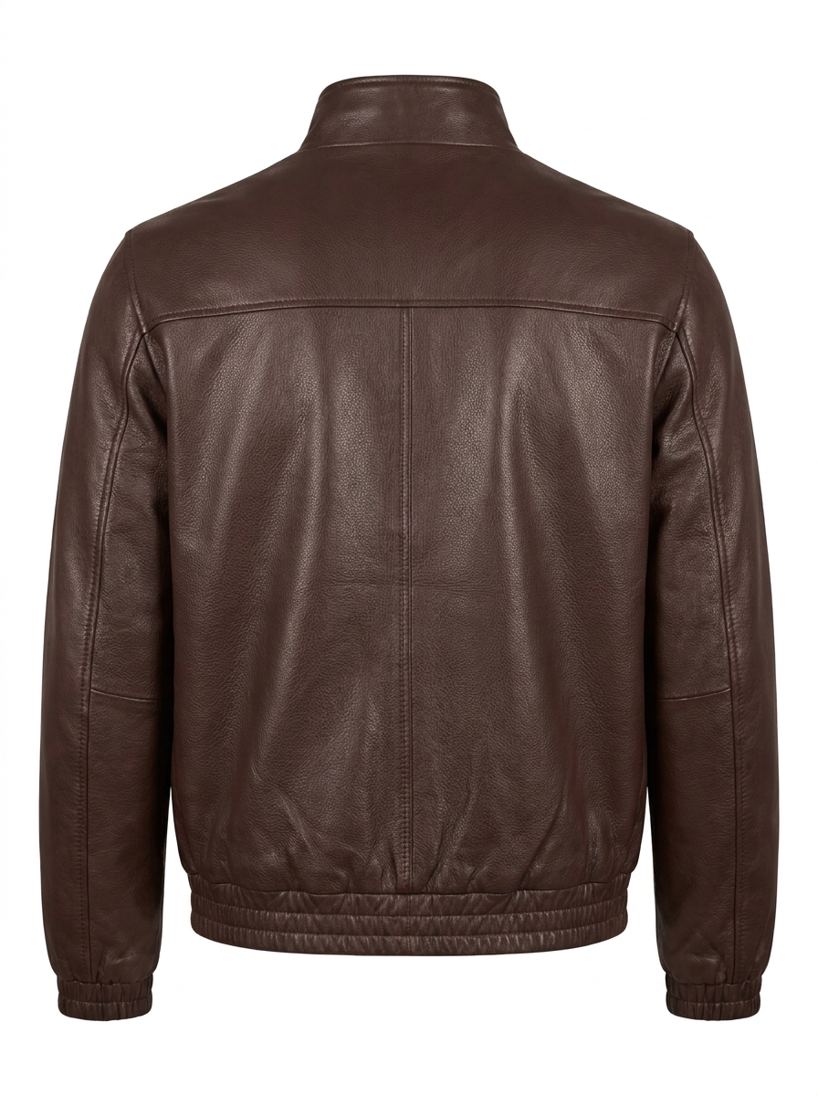 A dark brown leather jacket with a stand-up collar, front zipper, and ribbed cuffs and hem, shown against a plain white background.