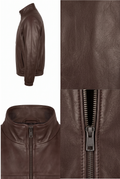 A dark brown leather jacket shown in multiple views: side profile, front opening with zipper, and close-up texture panels. The background is plain white.