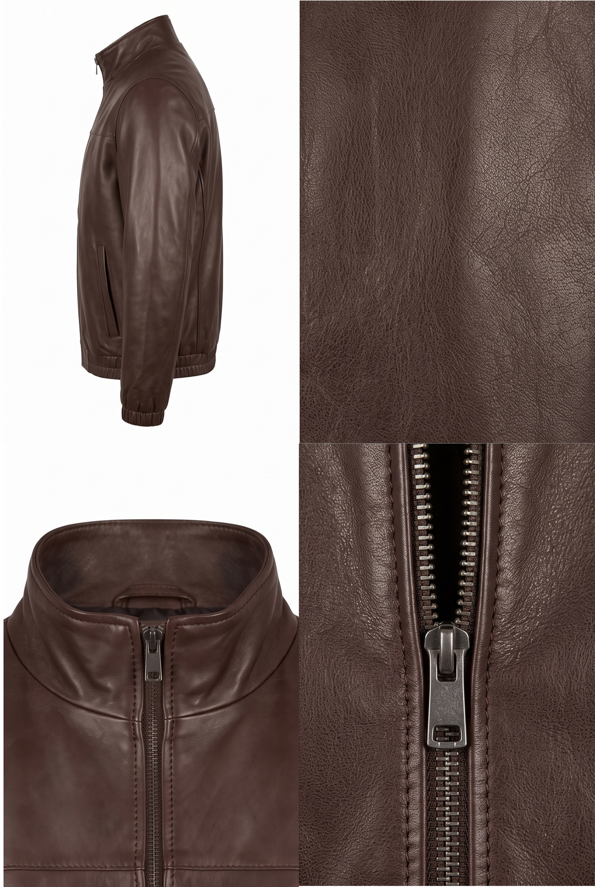 A dark brown leather jacket shown in multiple views: side profile, front opening with zipper, and close-up texture panels. The background is plain white.