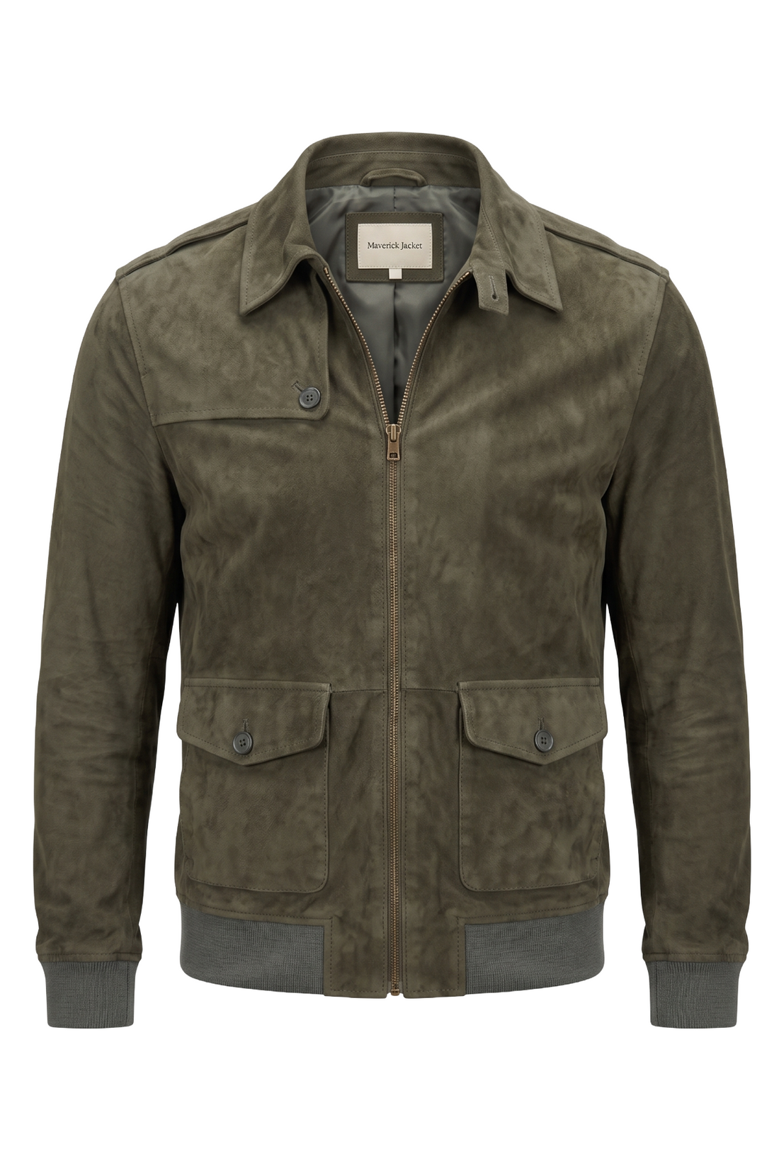 An olive green suede jacket with a front zipper, buttoned flap pockets, and ribbed knit collar, cuffs, and hem, shown on a plain white background.
