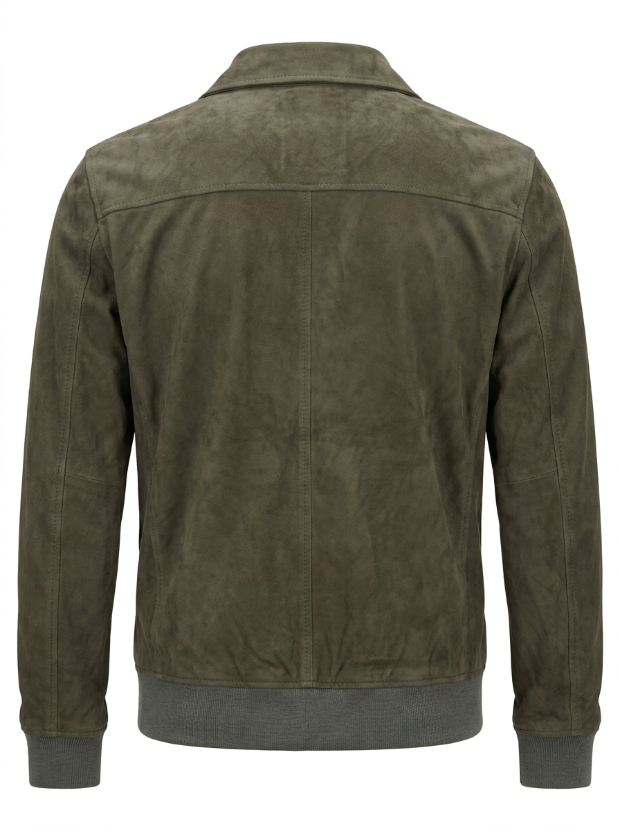 An olive green suede jacket with a front zipper, buttoned flap pockets, and ribbed knit collar, cuffs, and hem, shown on a plain white background.