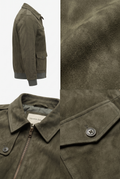 An olive green suede jacket shown in a multi-panel layout, featuring a side profile view, a close-up of the suede texture, and a detailed view of the collar and button closure.