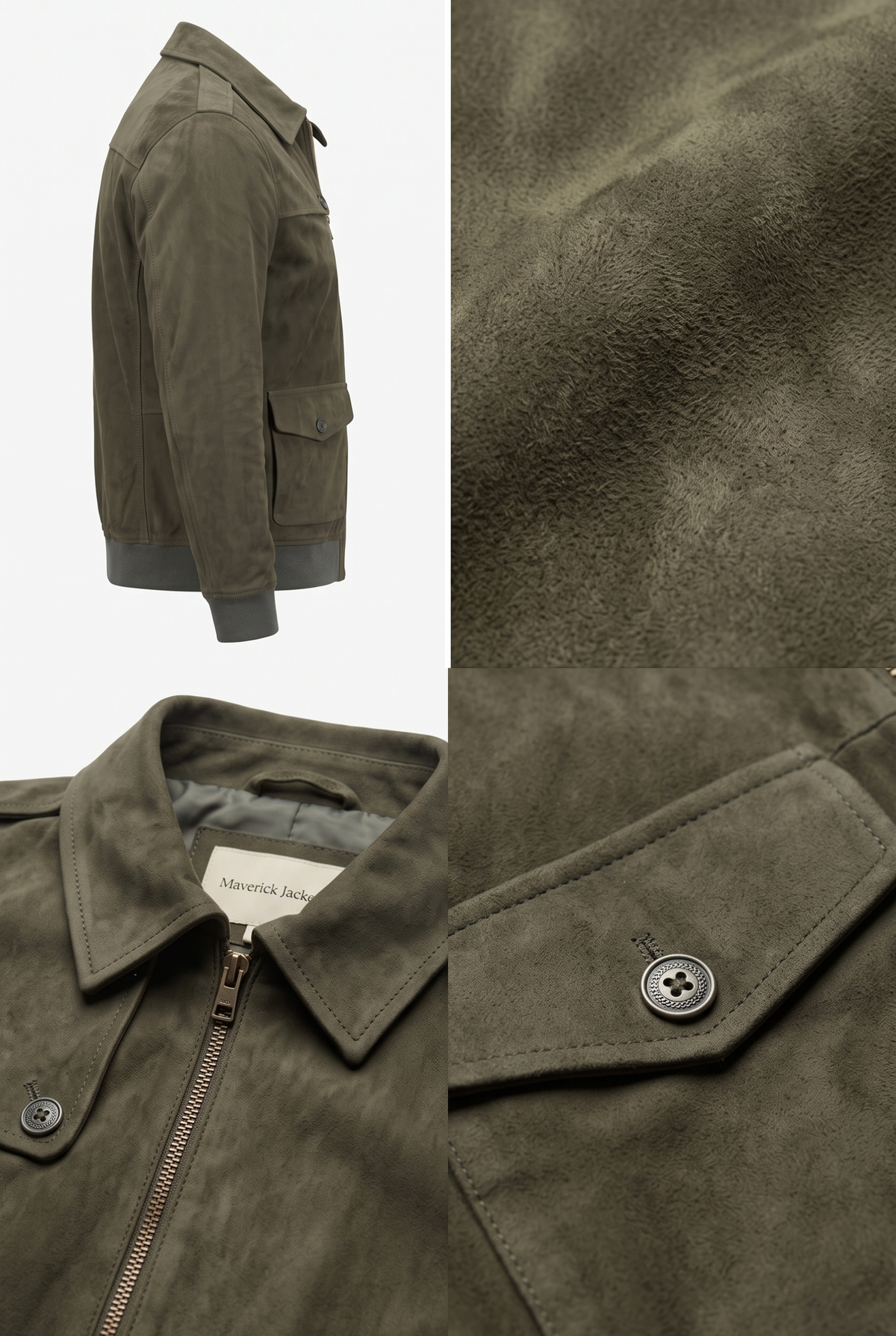 An olive green suede jacket shown in a multi-panel layout, featuring a side profile view, a close-up of the suede texture, and a detailed view of the collar and button closure.