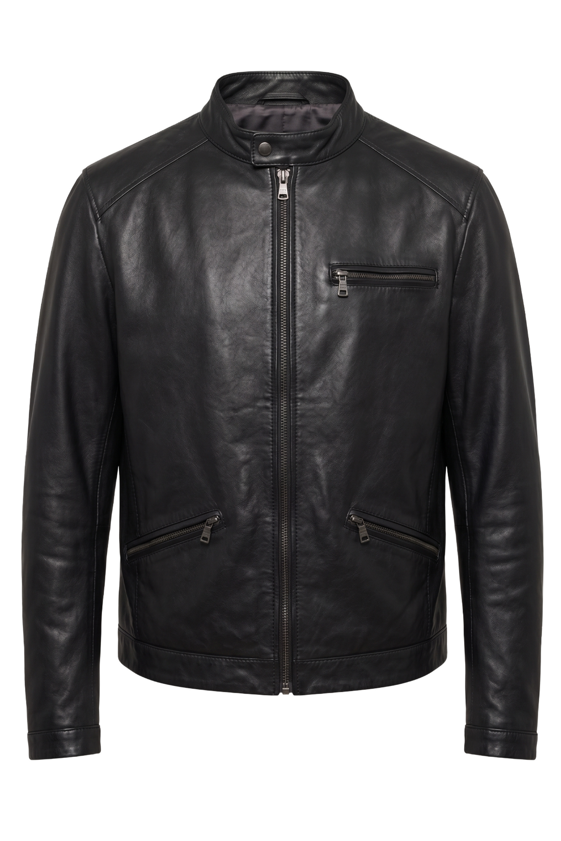 A black leather motorcycle jacket with a stand collar, front zipper, a zippered chest pocket, and two zippered hand pockets, shown on a plain white background.