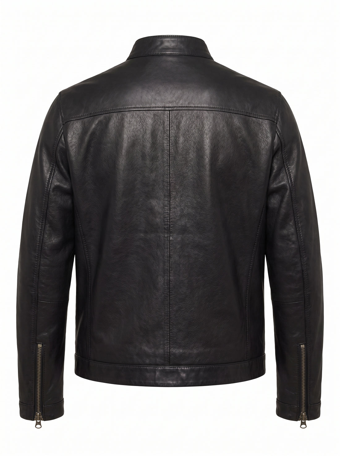 A black leather motorcycle jacket with a stand collar, front zipper, a zippered chest pocket, and two zippered hand pockets, shown on a plain white background.