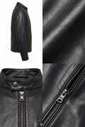 Black leather jacket shown in a multi-view collage: side profile on a white background, close-up of the leather texture, and a front view highlighting the collar and zipper.
