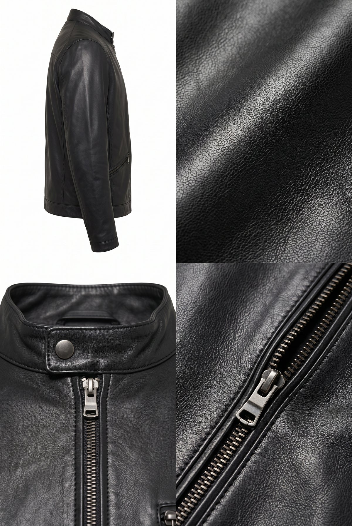 Black leather jacket shown in a multi-view collage: side profile on a white background, close-up of the leather texture, and a front view highlighting the collar and zipper.