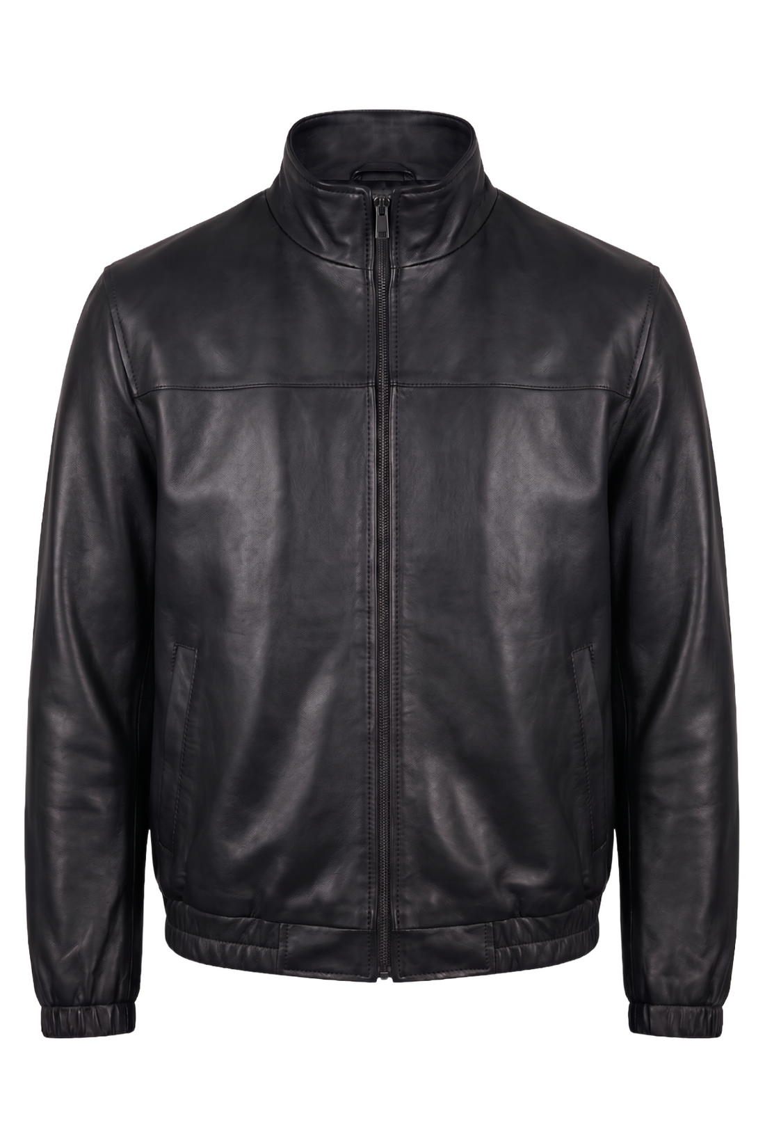 A black leather jacket with a stand-up collar, front zipper, and ribbed cuffs and hem, shown on a plain white background.