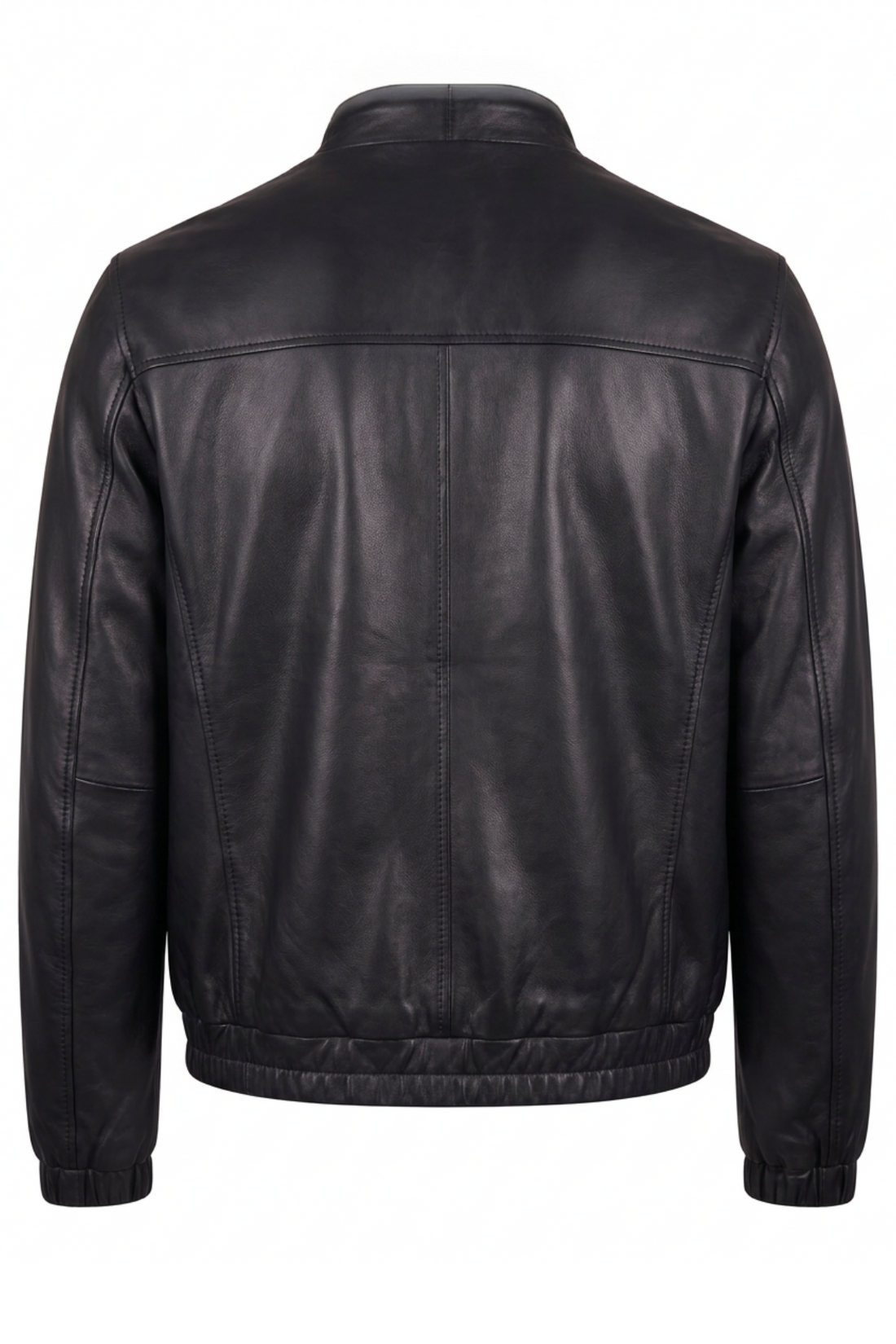 A black leather jacket with a stand-up collar, front zipper, and ribbed cuffs and hem, shown on a plain white background.