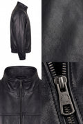 Black leather jacket shown in a multi-view collage: side profile, front neck opening, and a close-up of the textured leather and metal zipper pull.