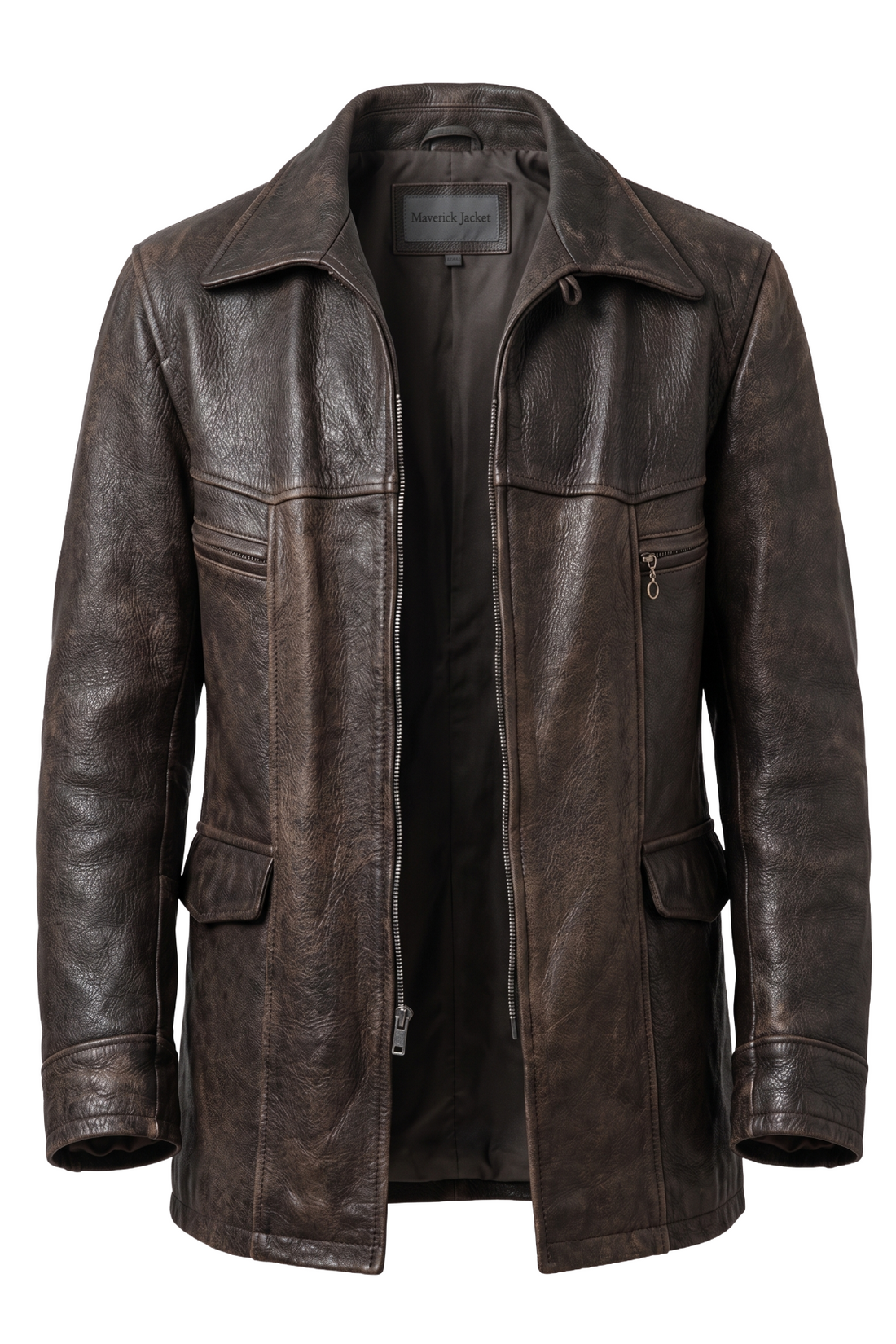 A dark brown distressed leather jacket with a front zipper, collar, and zippered chest pockets, shown on a plain white background.