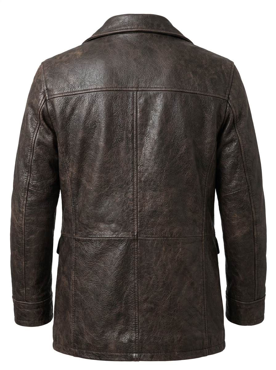 A dark brown distressed leather jacket with a front zipper, collar, and zippered chest pockets, shown on a plain white background.