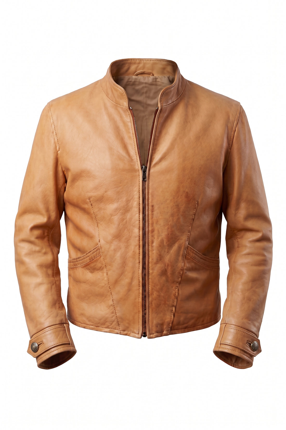 A tan leather jacket with a stand-up collar, front zipper, and two front patch pockets, shown on a plain white background.