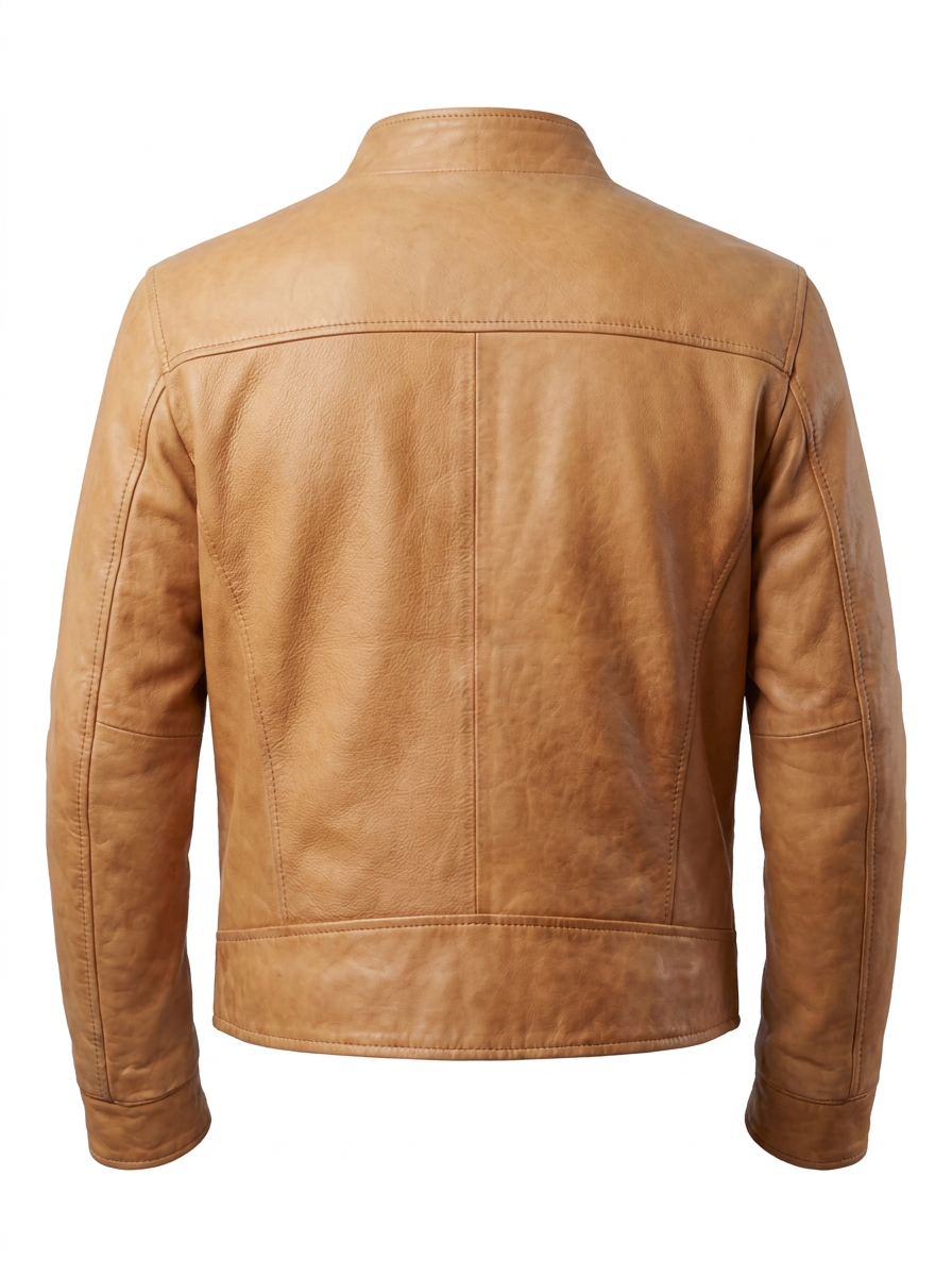 A tan leather jacket with a stand-up collar, front zipper, and two front patch pockets, shown on a plain white background.