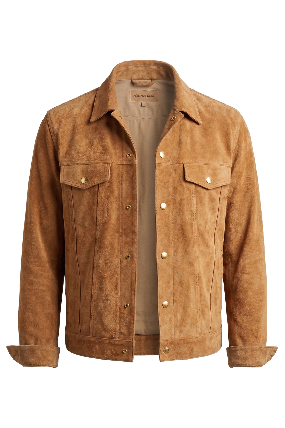 A tan suede jacket with a beige lining, featuring a button-down front, two chest flap pockets, and rolled cuffs, shown on a plain white background.